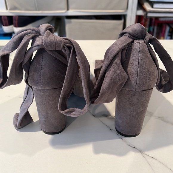 GREY FAUX SUEDE ANKLE TIE HEELS - Picture 3 of 6